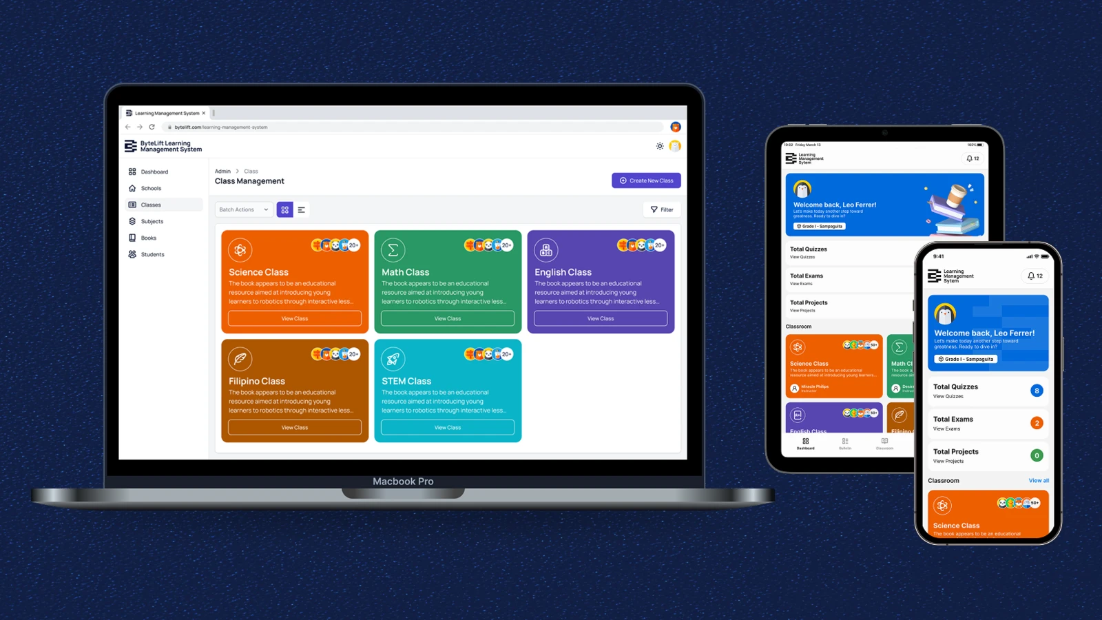 ByteLift LMS shown on a laptop, tablet, and phone against a navy textured background