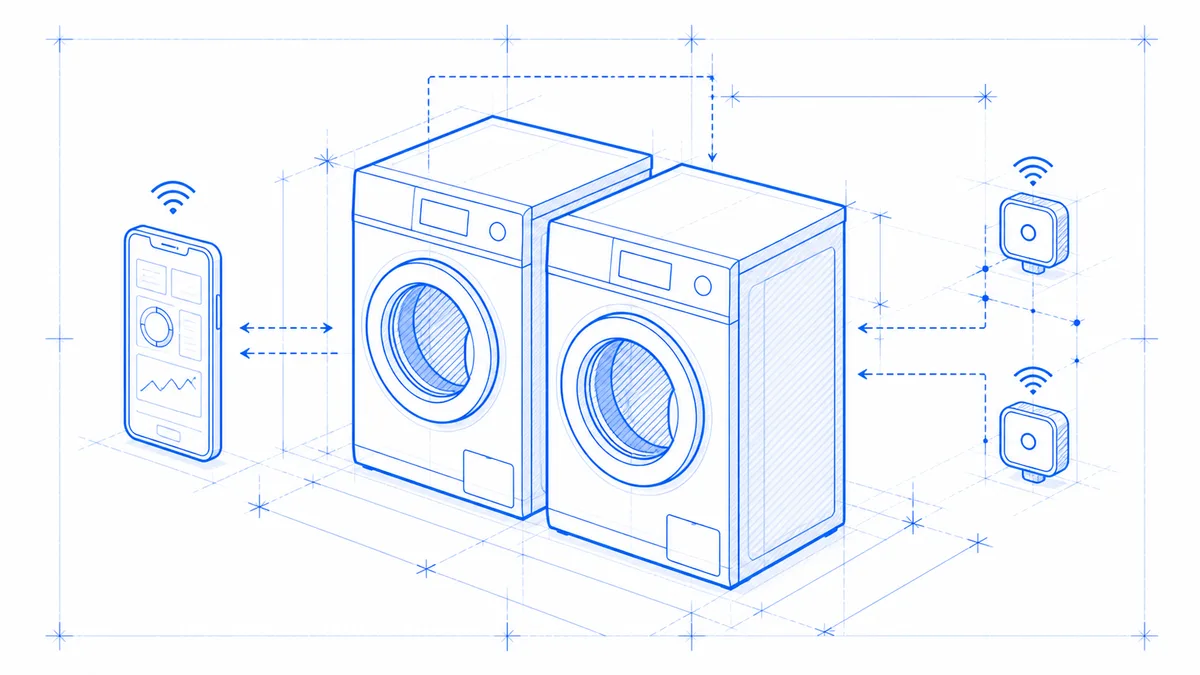 Blueprint drawing of connected commercial laundry machines