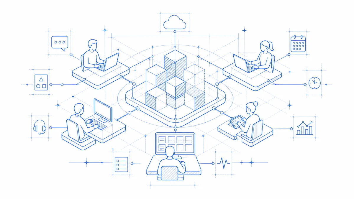 Blueprint drawing of a connected team workspace
