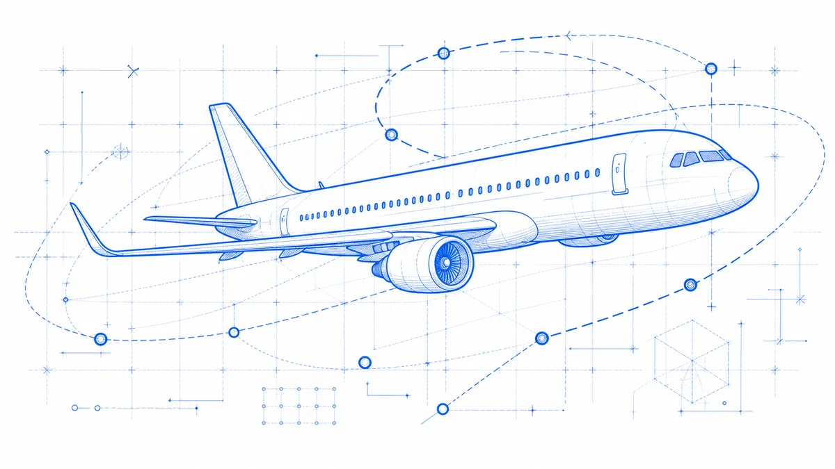 Blueprint drawing of a passenger airplane and route network