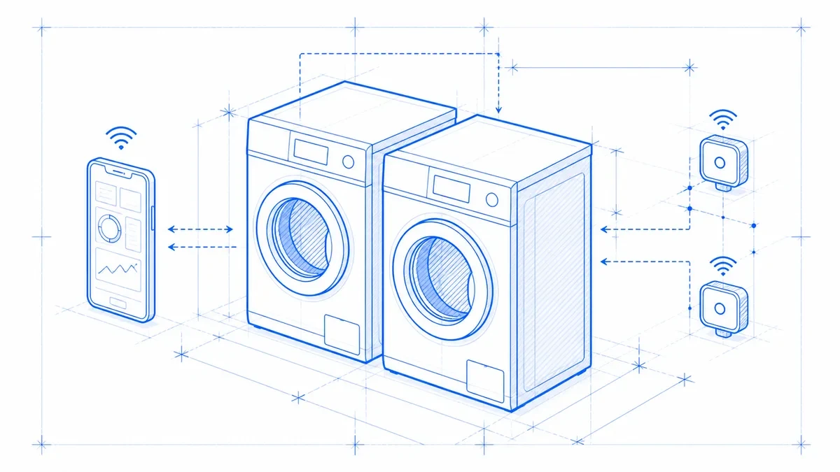 Blueprint drawing of connected commercial laundry machines