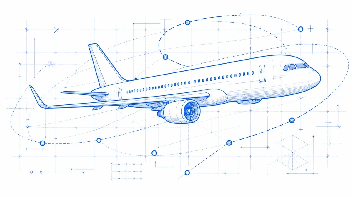 Blueprint drawing of a passenger airplane and route network