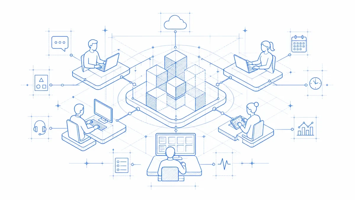 Blueprint drawing of a connected team workspace